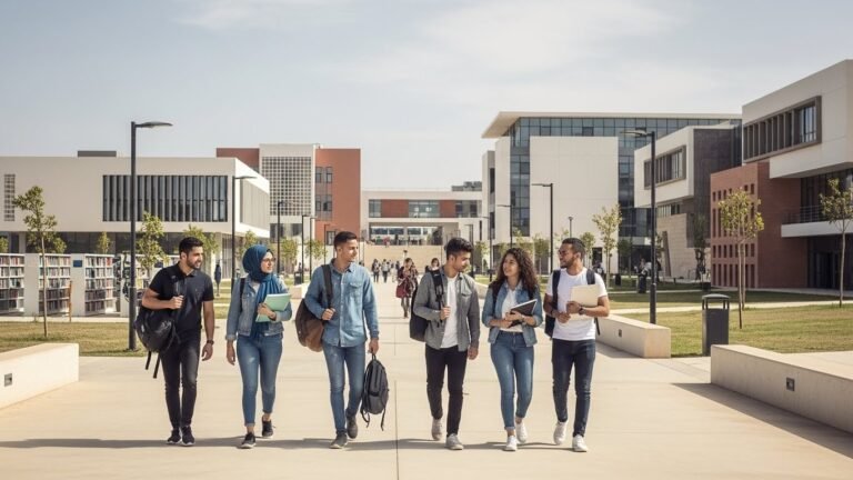Campus universitaire africain moderne avec des étudiants, symbole de la digitalisation de l’enseignement supérieur en Afrique.