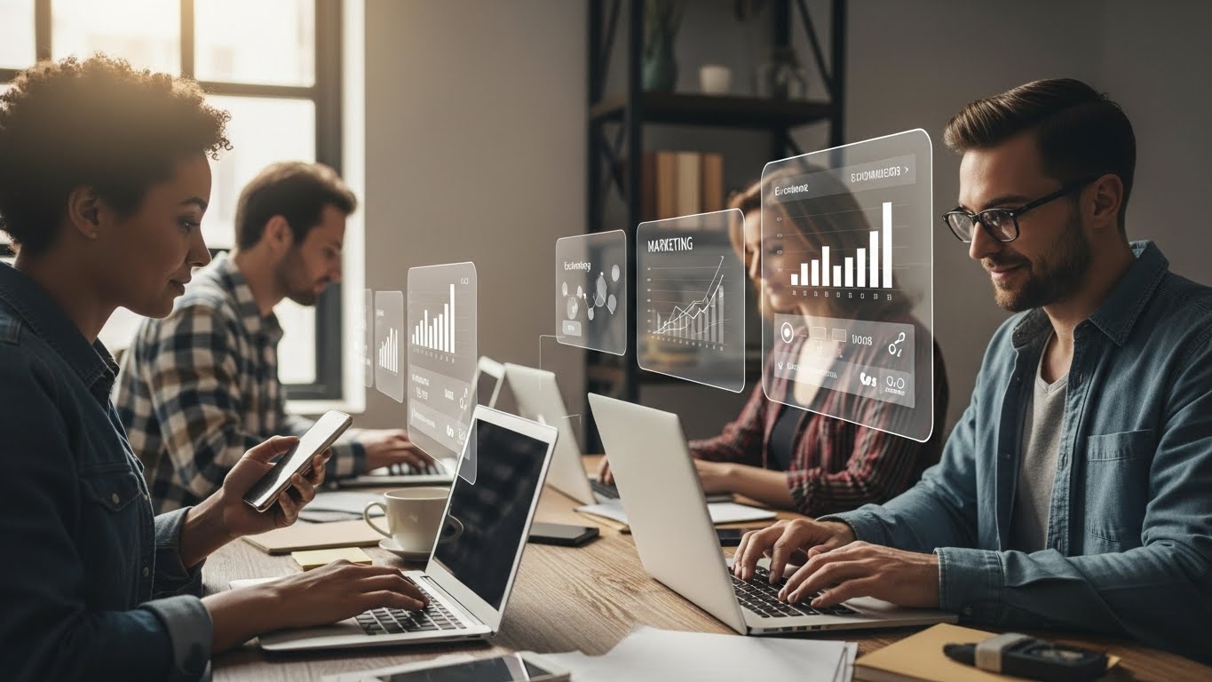 Entrepreneurs travaillant sur des projets digitaux avec ordinateurs portables et tableaux de bord de performance, illustrant la croissance en ligne malgré des contraintes régionales.
