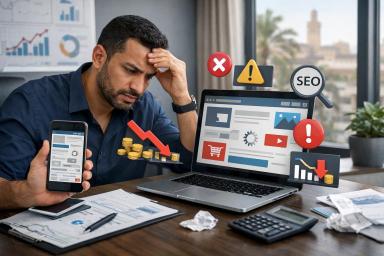 Entrepreneur marocain travaillant tard à Casablanca face à un site web lent et non optimisé, illustrant les erreurs critiques de performance, mobile-first, SEO local et sécurité qui freinent la croissance digitale au Maroc.