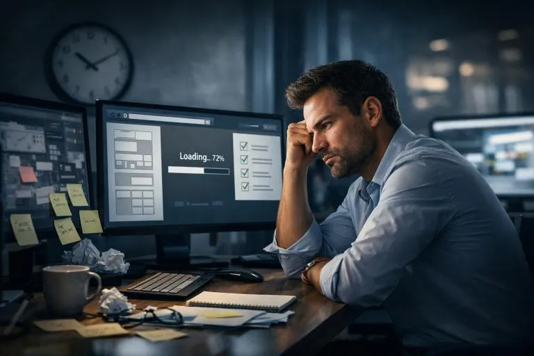 Entrepreneur frustré devant un écran affichant un site web en cours de création avec une barre de chargement bloquée, illustrant les retards dans la création d’un site internet professionnel en 2026.