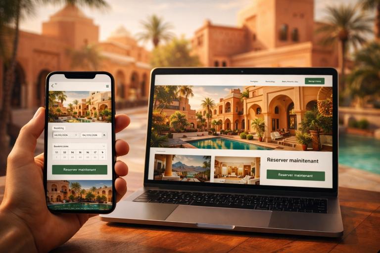 Site web hôtelier à Marrakech affiché sur mobile et ordinateur, avec moteur de réservation simplifié, design mobile-first et optimisation UX pour augmenter les réservations directes des hôtels et riads marocains.