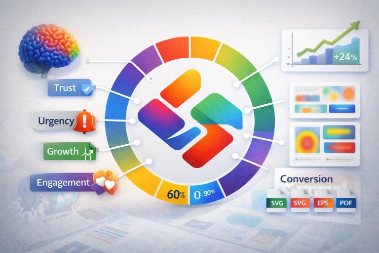 Illustration montrant la psychologie des couleurs appliquée au logo, avec une palette circulaire (bleu, rouge, vert, orange, violet), des indicateurs émotionnels comme confiance, urgence, croissance et engagement, ainsi que des éléments d’analytics illustrant l’augmentation des conversions grâce à un choix stratégique des couleurs.