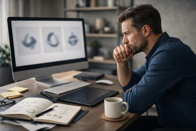 Entrepreneur réfléchissant devant plusieurs concepts de logo flous sur écran, avec croquis et carnet de notes sur un bureau moderne, illustrant le processus long de création d’une identité de marque professionnelle.