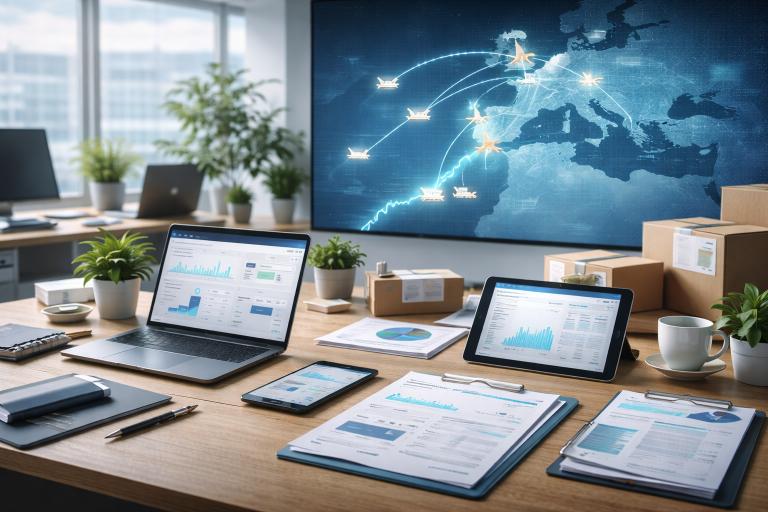 Environnement de marketing digital au Maroc en 2026 avec bureau moderne lumineux, ordinateurs portables et smartphones affichant des interfaces publicitaires floues, documents analytiques, plantes et café, et carte stylisée du Maroc mettant en avant Casablanca, Rabat, Marrakech et Tanger.