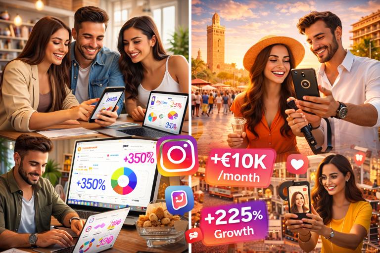 Entrepreneurs marocains utilisant Instagram en 2026 pour développer leur business : créateurs analysant des performances sur smartphone et ordinateur, tournage de reels à Marrakech près de la Koutoubia, indicateurs de croissance, revenus mensuels et engagement élevé, illustrant la révolution du marketing digital au Maroc et le succès des comptes Instagram business.