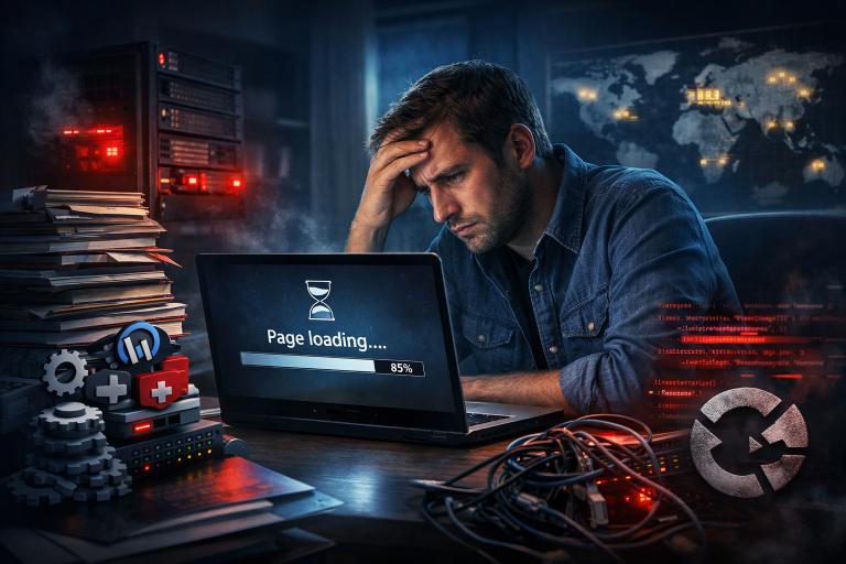 Entrepreneur stressé travaillant tard la nuit devant un ordinateur affichant un site web lent en cours de chargement, illustrant les problèmes de performance, de vitesse de site et d’optimisation SEO en 2026.