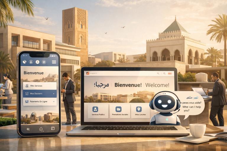 Design web institution publique à Rabat en 2026 avec interface mobile-first, IA conversationnelle multilingue et services publics digitaux