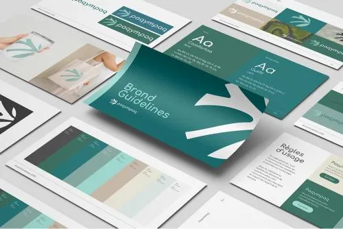 Exemple de brand book et charte graphique cohérents présentant des brand guidelines, une palette de couleurs, des règles d’usage, la typographie et des supports imprimés alignés pour une identité visuelle professionnelle.