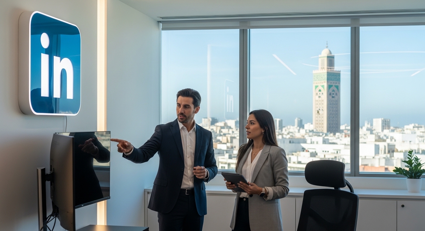 Alt text : Deux professionnels en tenue business dans un bureau moderne à Casablanca, avec le logo LinkedIn affiché au mur et la skyline de la ville en arrière-plan, illustrant la stratégie LinkedIn B2B et la transformation digitale en 2026.