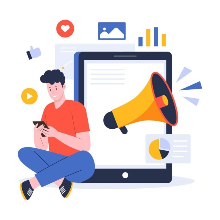 Illustration claire et pédagogique d’un community manager en 2026, assis avec un smartphone devant un écran affichant un mégaphone et des indicateurs de performance, symbolisant les erreurs courantes en gestion des réseaux sociaux, l’engagement, la diffusion de contenu et l’analyse des résultats.