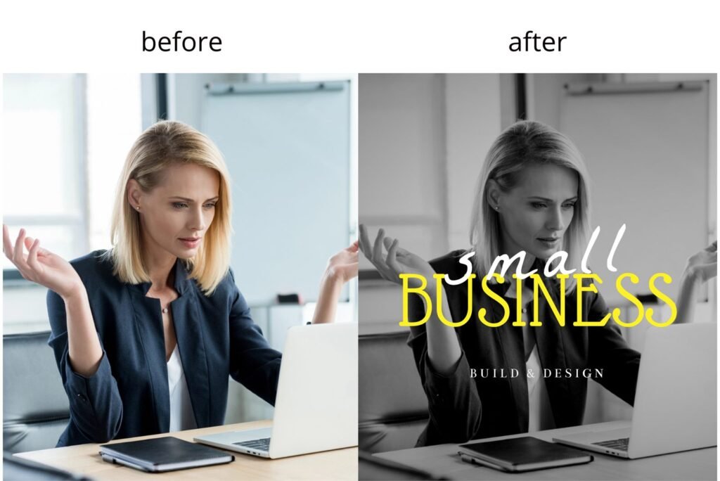 Before and after: a colour stock photo turned into a black and white branded graphic reading small business, build and design